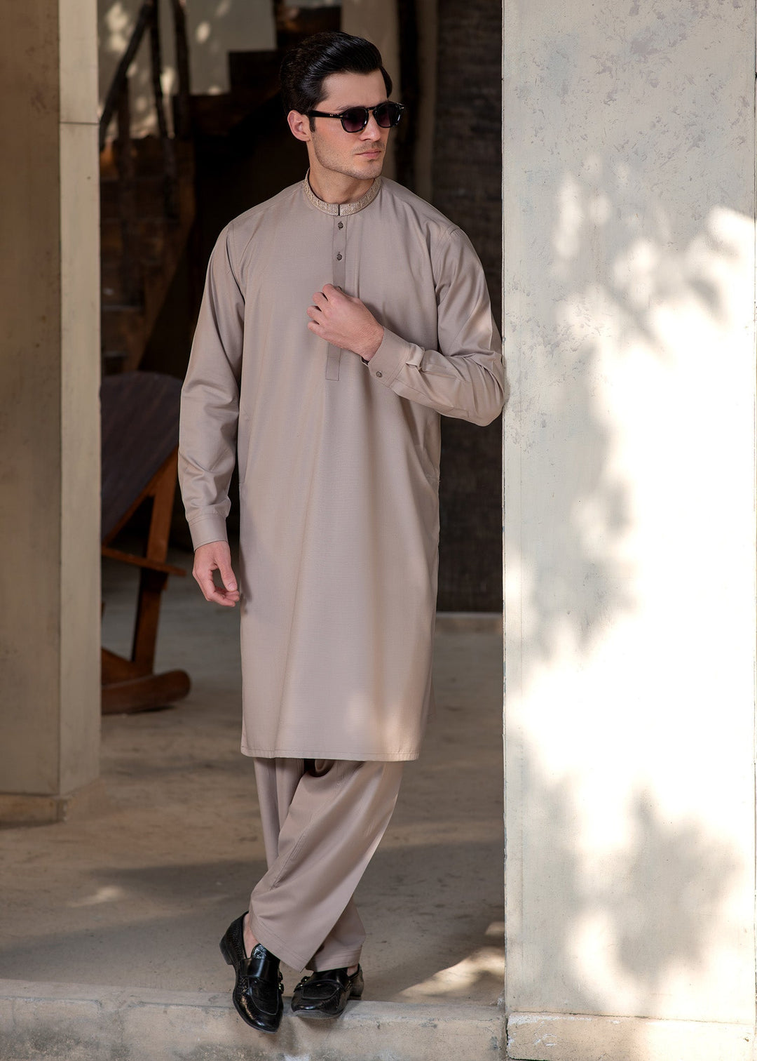 Rumi by Buraq Mens RTW Embroidered Boski 2 Piece Suit Light Brown Casual Collection