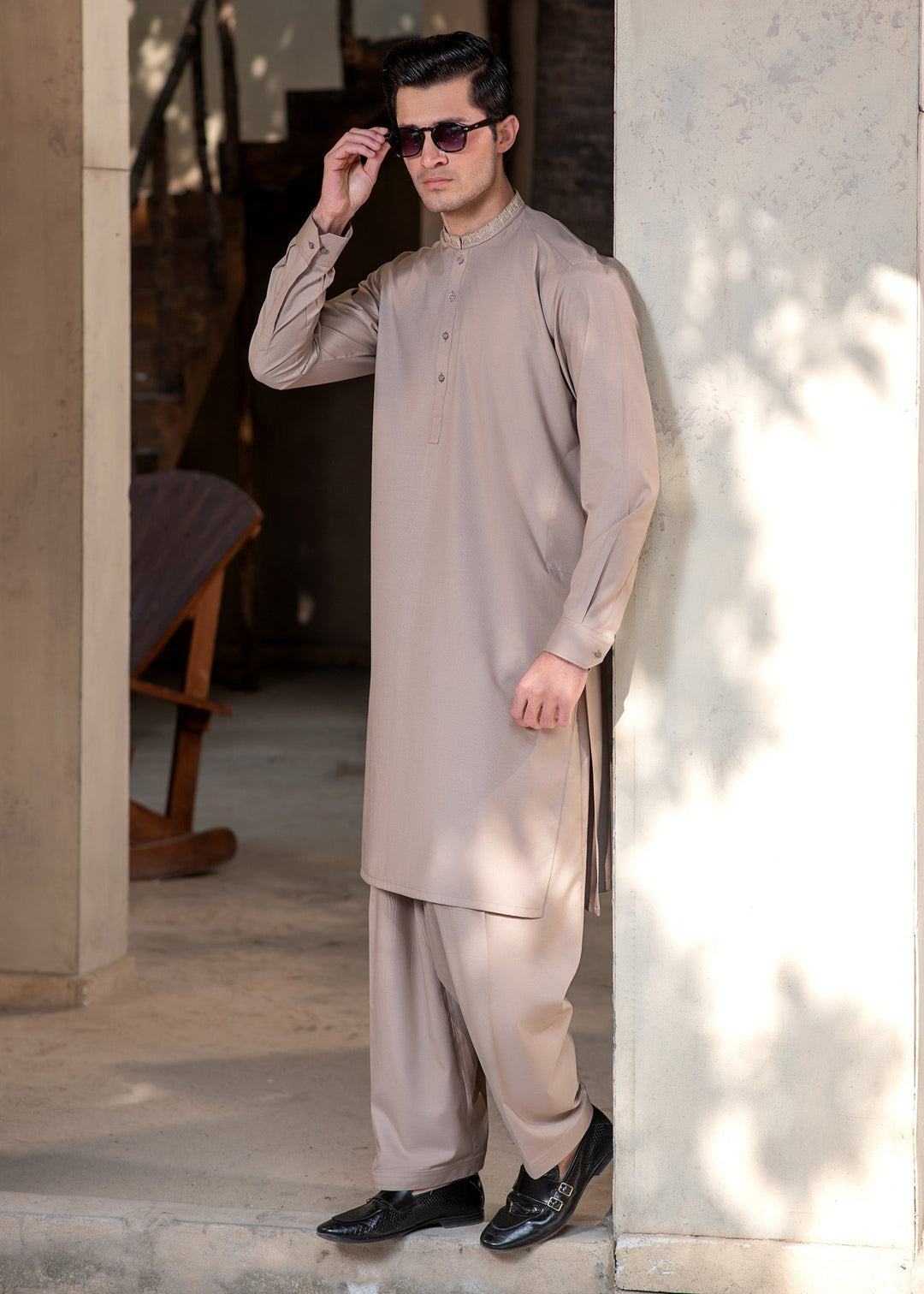 Rumi by Buraq Mens RTW Embroidered Boski 2 Piece Suit Light Brown Casual Collection