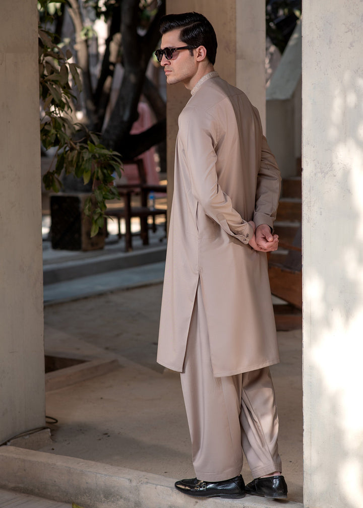 Rumi by Buraq Mens RTW Embroidered Boski 2 Piece Suit Light Brown Casual Collection