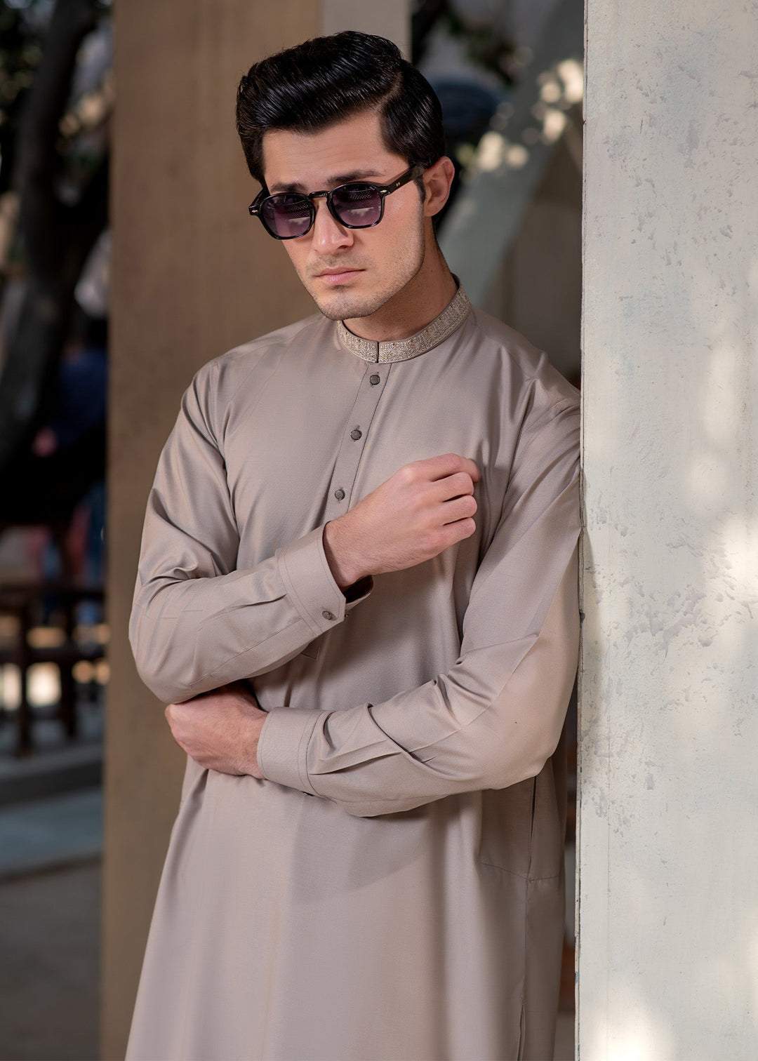 Rumi by Buraq Mens RTW Embroidered Boski 2 Piece Suit Light Brown Casual Collection