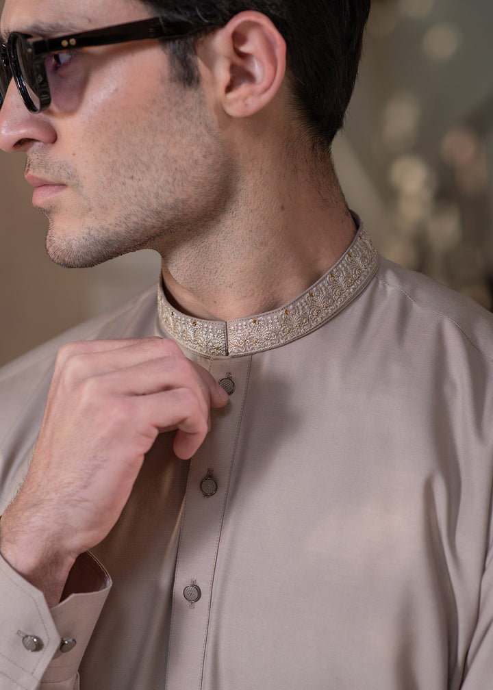 Rumi by Buraq Mens RTW Embroidered Boski 2 Piece Suit Light Brown Casual Collection