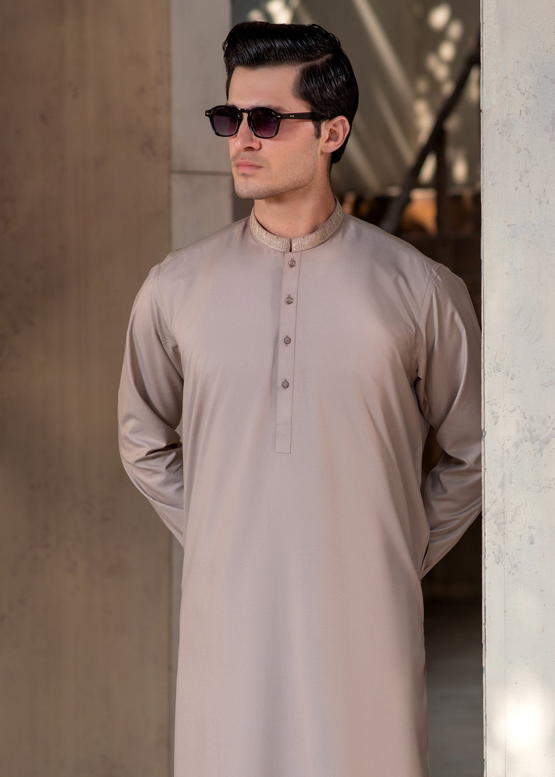 Rumi by Buraq Mens RTW Embroidered Boski 2 Piece Suit Light Brown Casual Collection