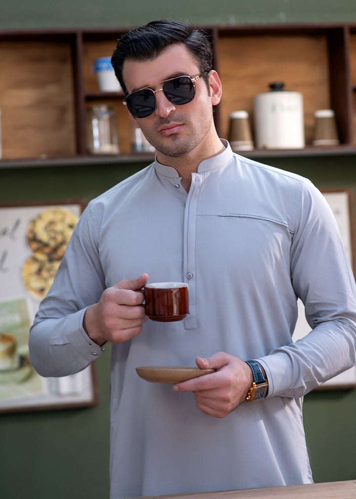 Aks e Shaam by Buraq Mens RTW Solids Cotton 2 Piece Suit Smoke Grey Casual Collection
