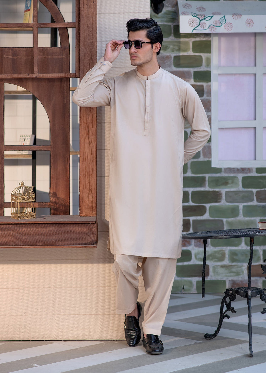 Aks e Shaam by Buraq Mens RTW Solids Cotton 2 Piece Suit Beige Casual Collection
