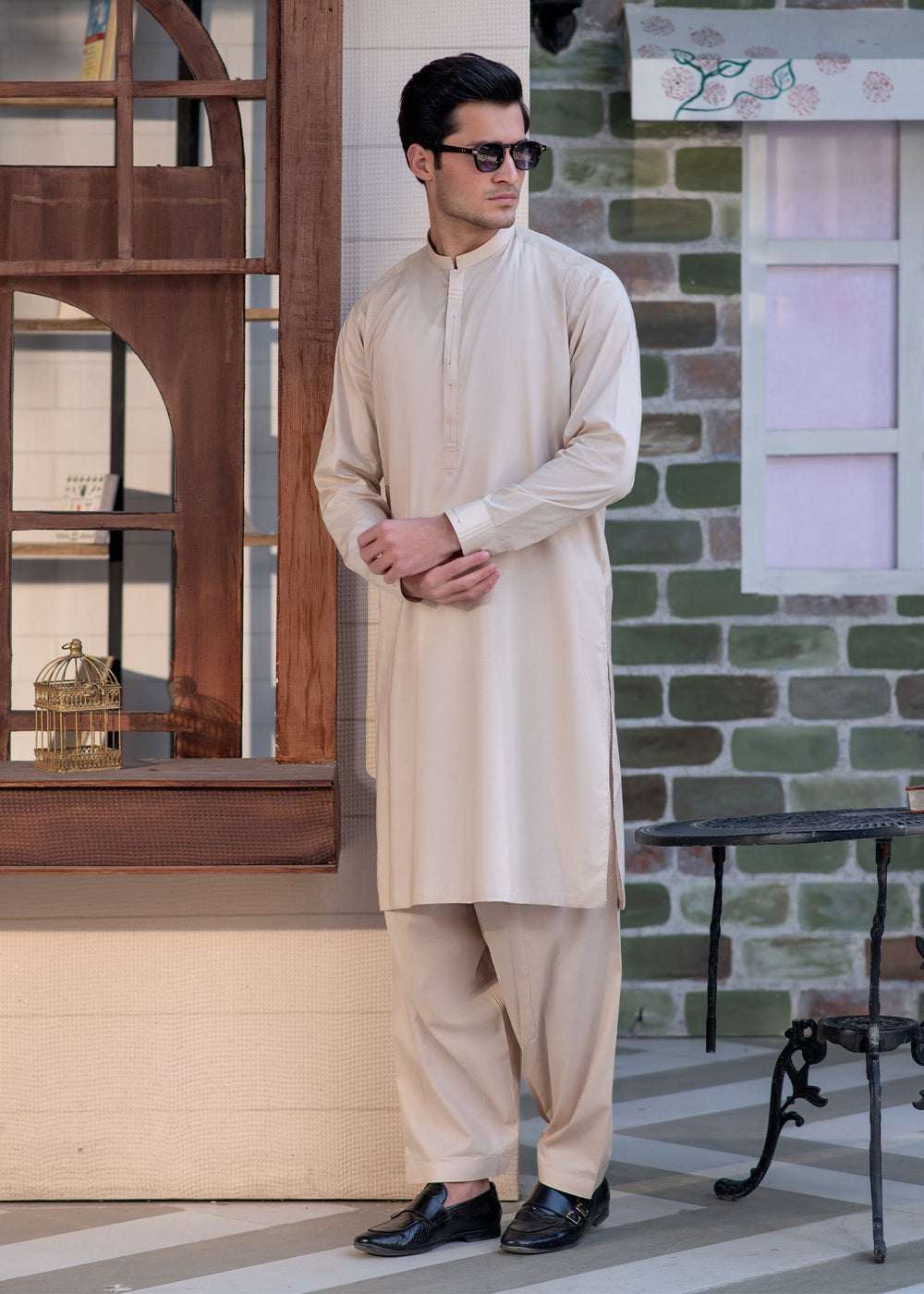 Aks e Shaam by Buraq Mens RTW Solids Cotton 2 Piece Suit Beige Casual Collection