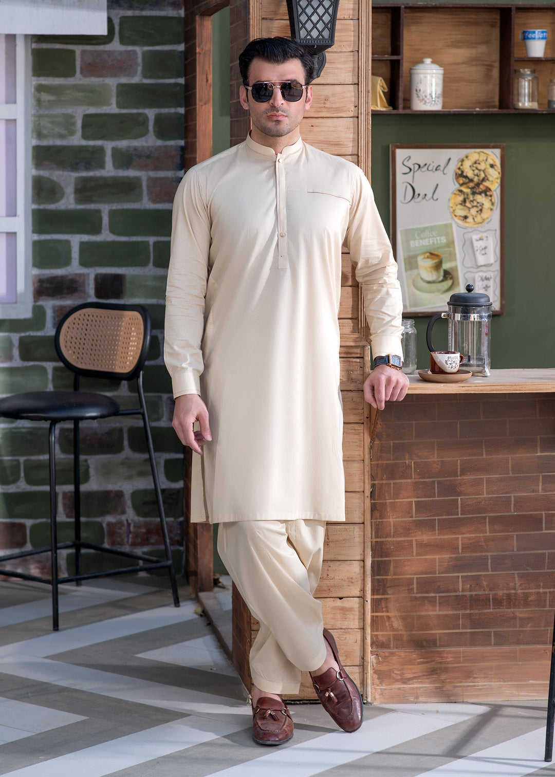 Aks e Shaam by Buraq Mens RTW Solids Cotton 2 Piece Suit Premium Blended Light Khaki Casual Collection