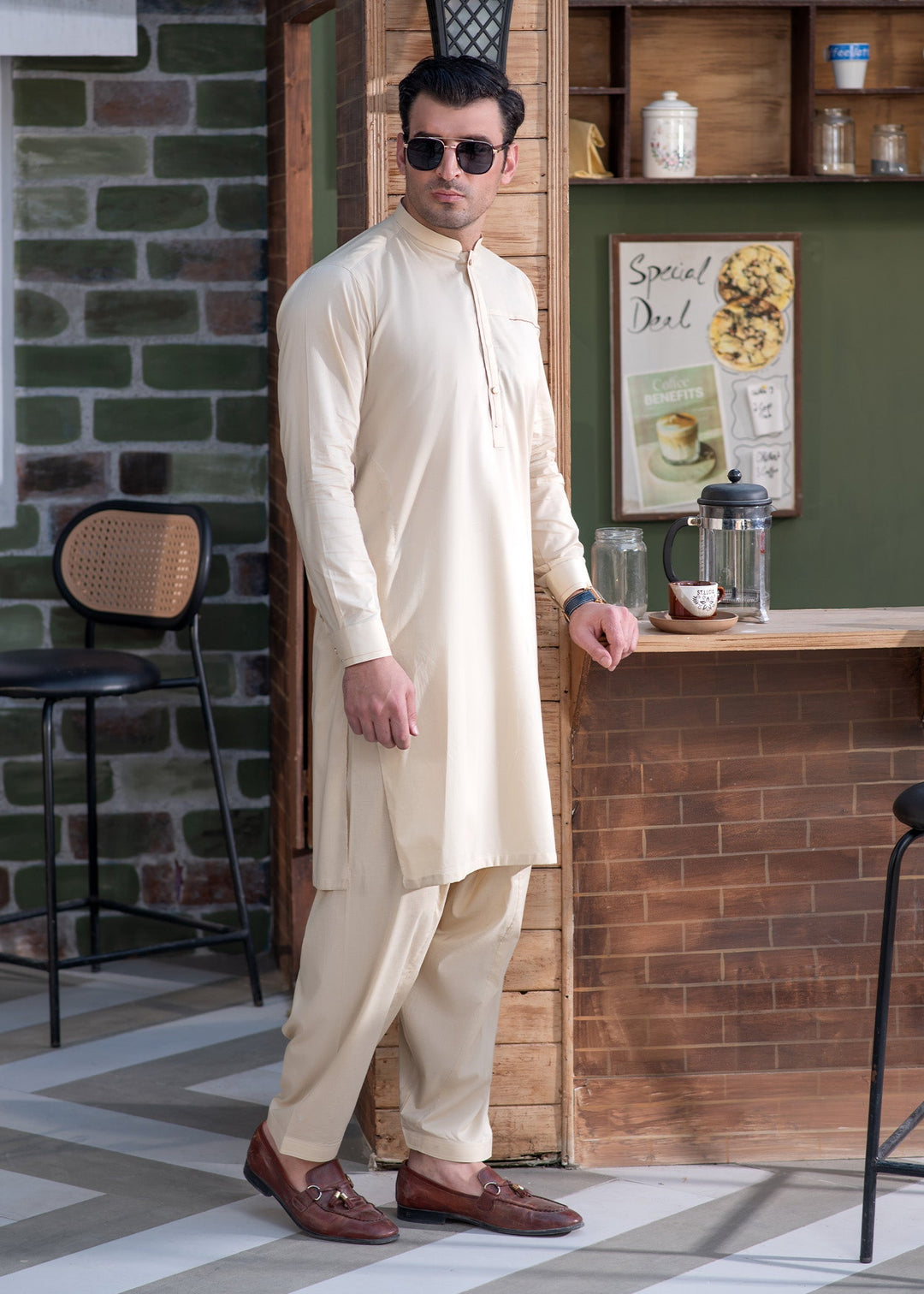 Aks e Shaam by Buraq Mens RTW Solids Cotton 2 Piece Suit Premium Blended Light Khaki Casual Collection
