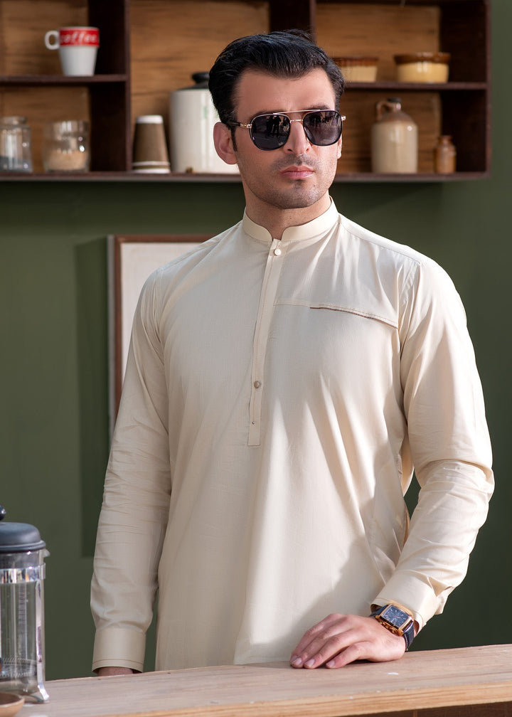Aks e Shaam by Buraq Mens RTW Solids Cotton 2 Piece Suit Premium Blended Light Khaki Casual Collection