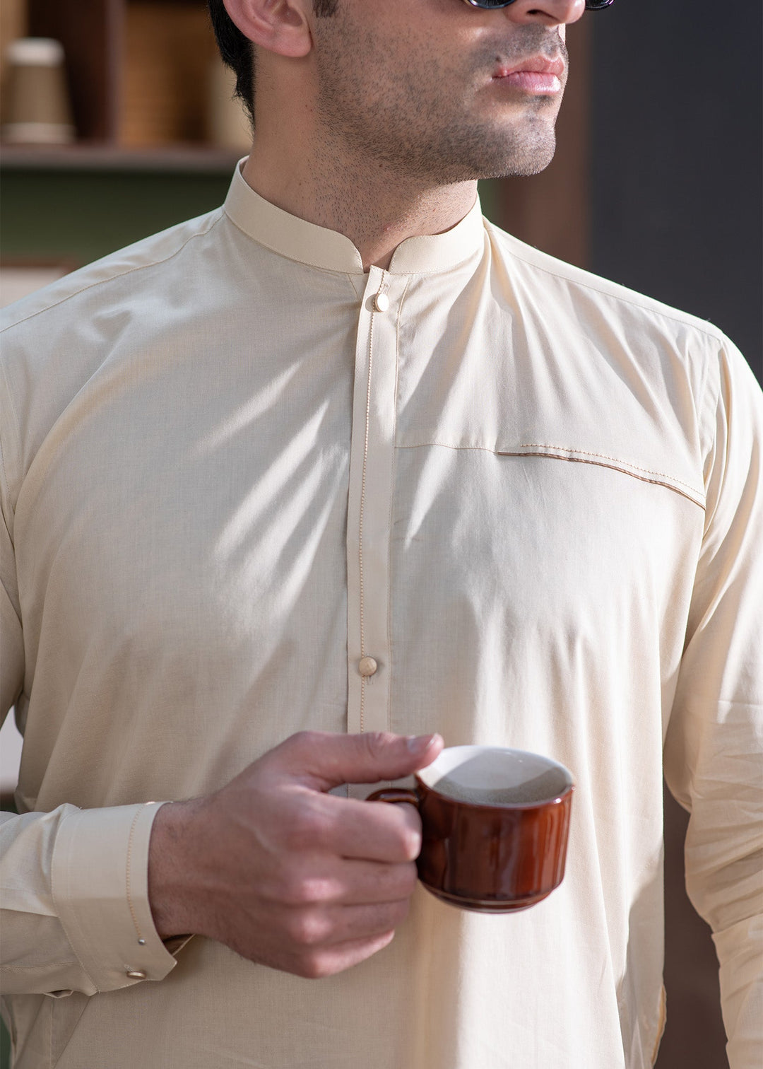 Aks e Shaam by Buraq Mens RTW Solids Cotton 2 Piece Suit Premium Blended Light Khaki Casual Collection