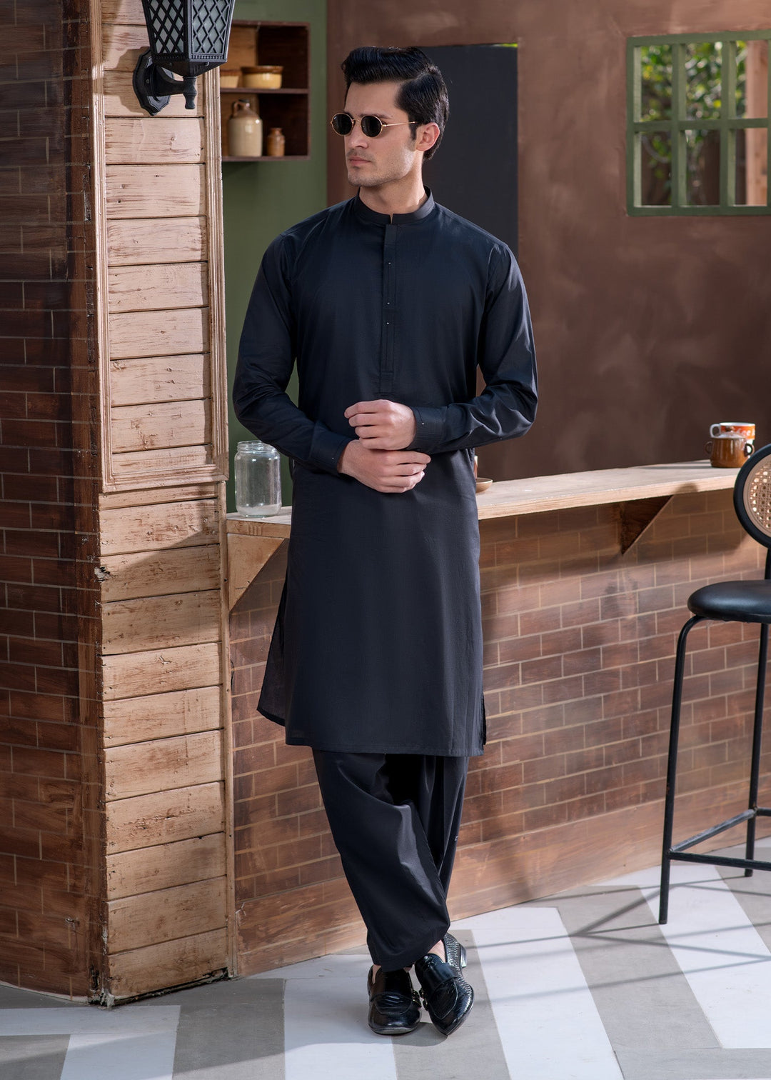 Aks e Shaam by Buraq Mens RTW Solids Cotton 2 Piece Suit Premium Graphite Black Casual Collection