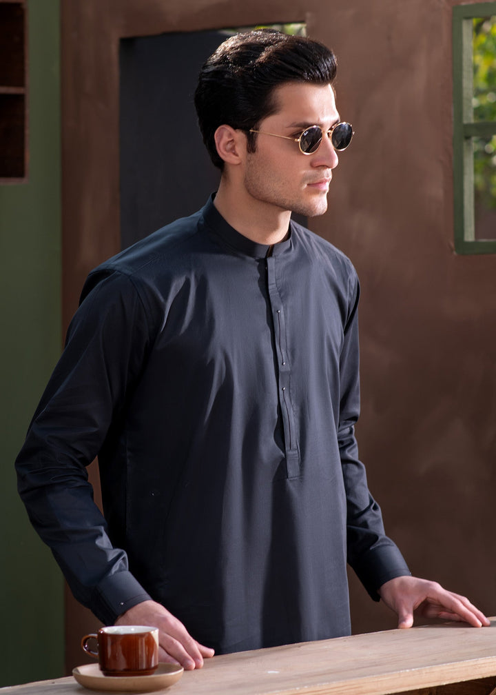 Aks e Shaam by Buraq Mens RTW Solids Cotton 2 Piece Suit Premium Graphite Black Casual Collection