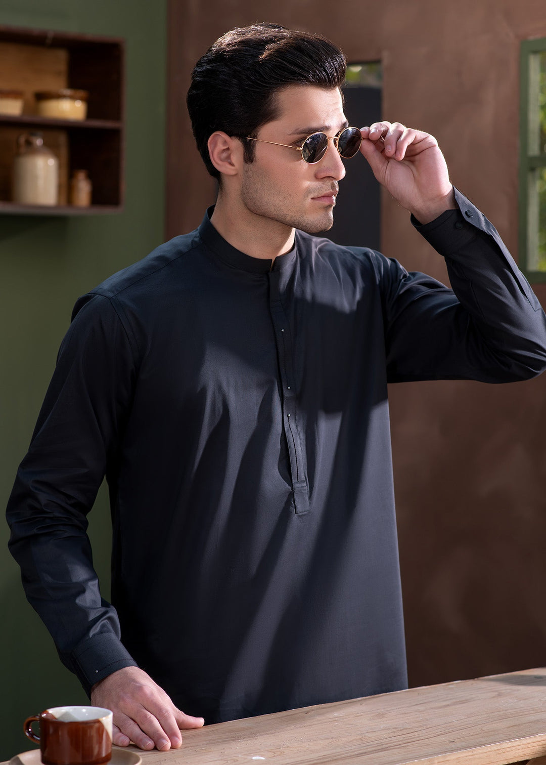 Aks e Shaam by Buraq Mens RTW Solids Cotton 2 Piece Suit Premium Graphite Black Casual Collection