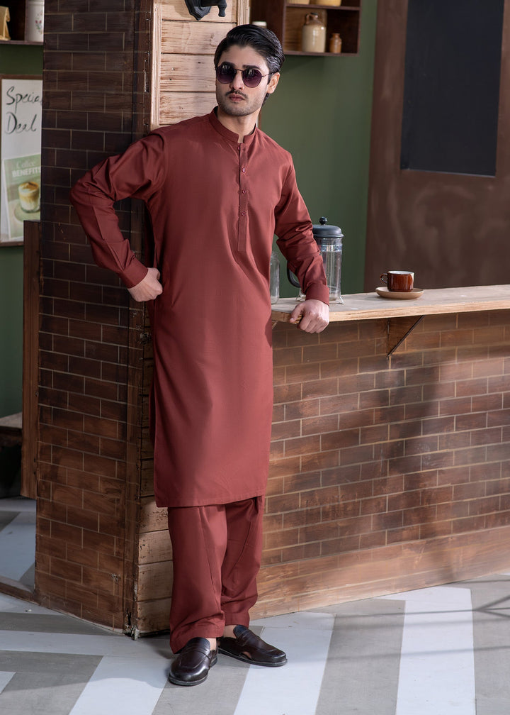 Shahkaar by Buraq Mens RTW Solids Wash N Wear 2 Piece Suit Maroon Ban Casual Collection