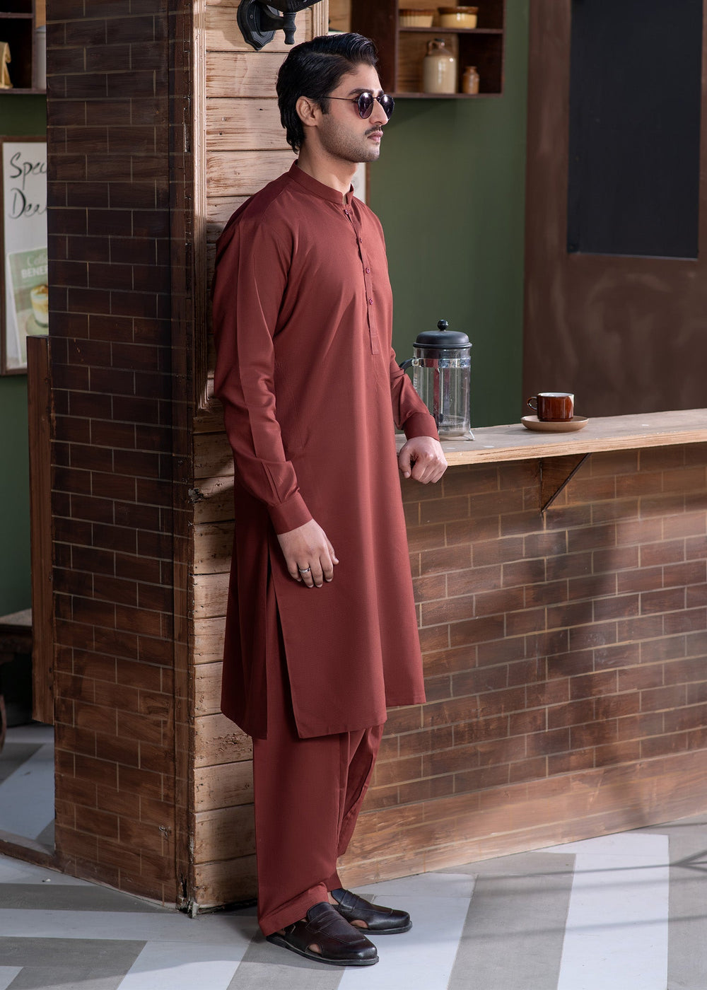 Shahkaar by Buraq Mens RTW Solids Wash N Wear 2 Piece Suit Maroon Ban Casual Collection