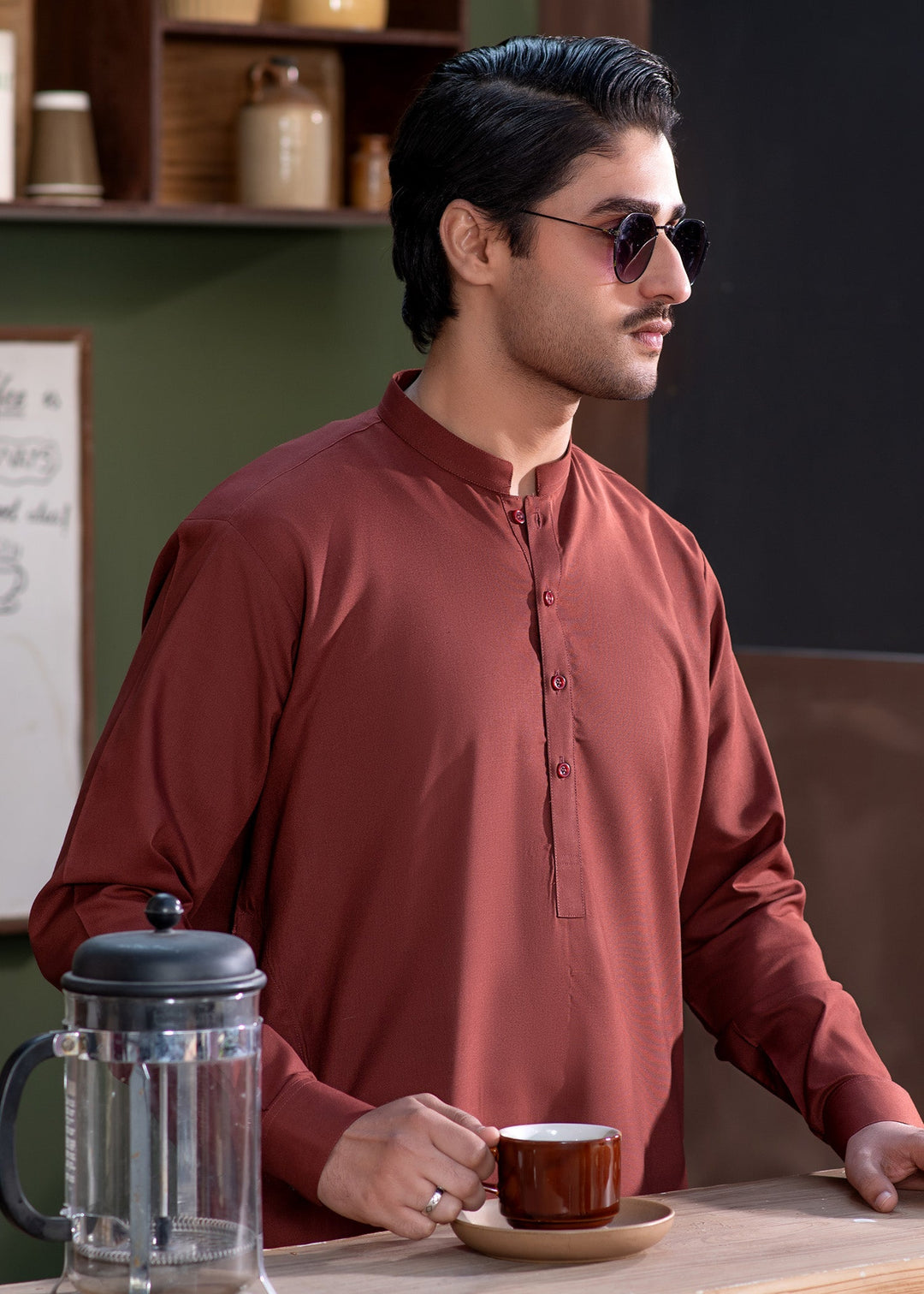 Shahkaar by Buraq Mens RTW Solids Wash N Wear 2 Piece Suit Maroon Ban Casual Collection