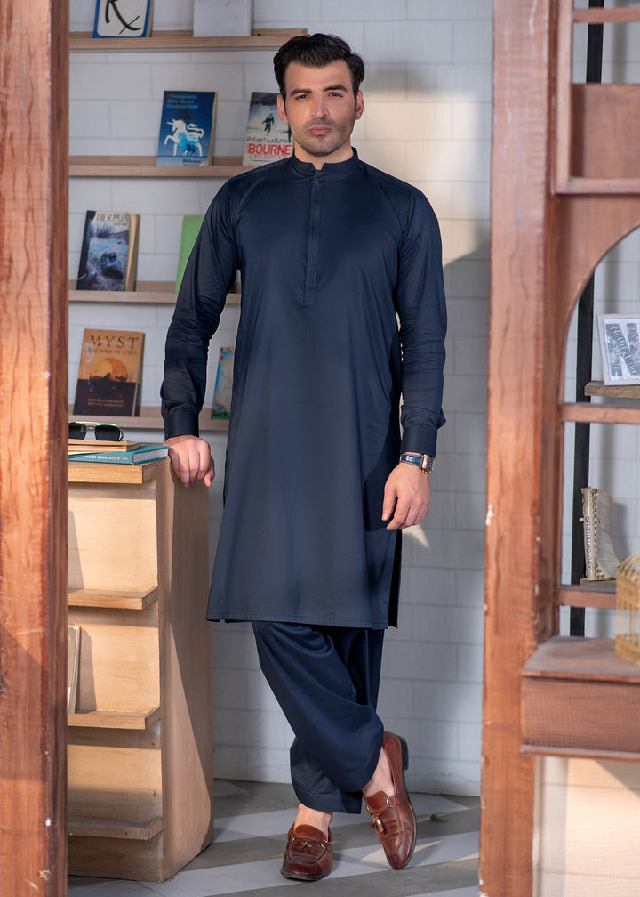 Shahkaar by Buraq Mens RTW Solids Wash N Wear 2 Piece Suit Blue Ban Casual Collection