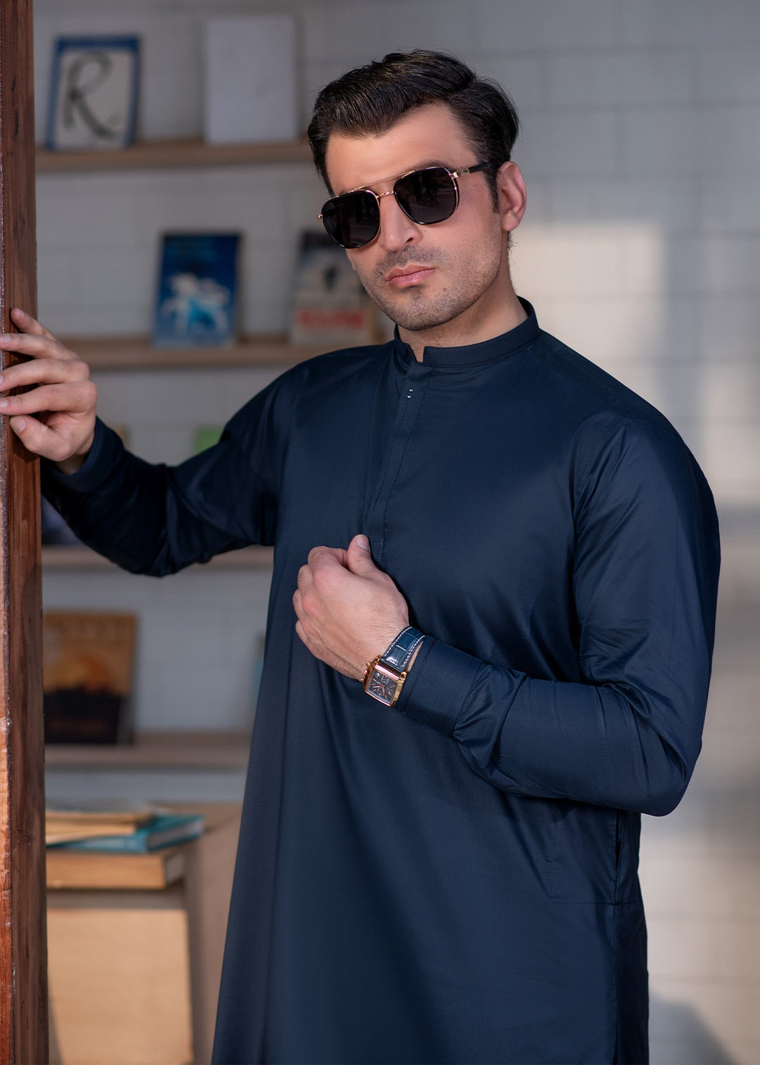 Aks e Shaam by Buraq Mens RTW Solids Cotton 2 Piece Suit Elegant Navy Blue Casual Collection