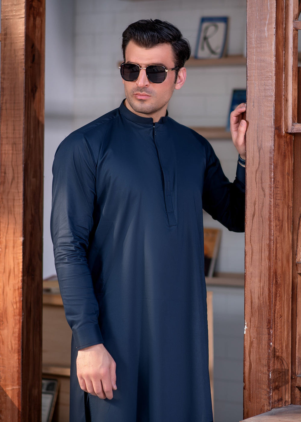 Aks e Shaam by Buraq Mens RTW Solids Cotton 2 Piece Suit Elegant Navy Blue Casual Collection