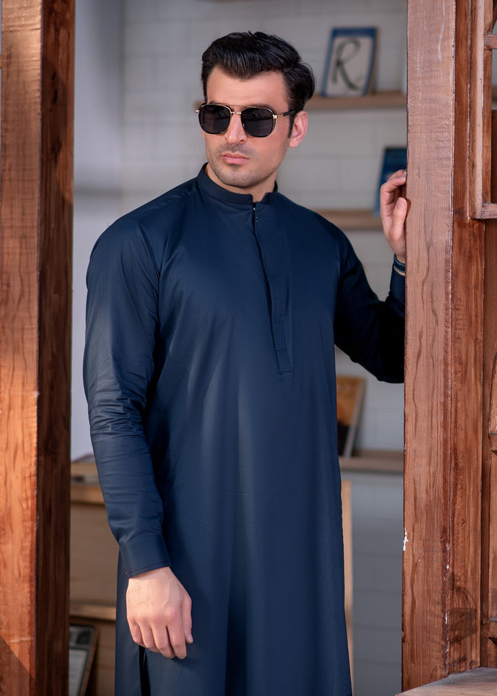 Aks e Shaam by Buraq Mens RTW Solids Cotton 2 Piece Suit Elegant Navy Blue Casual Collection