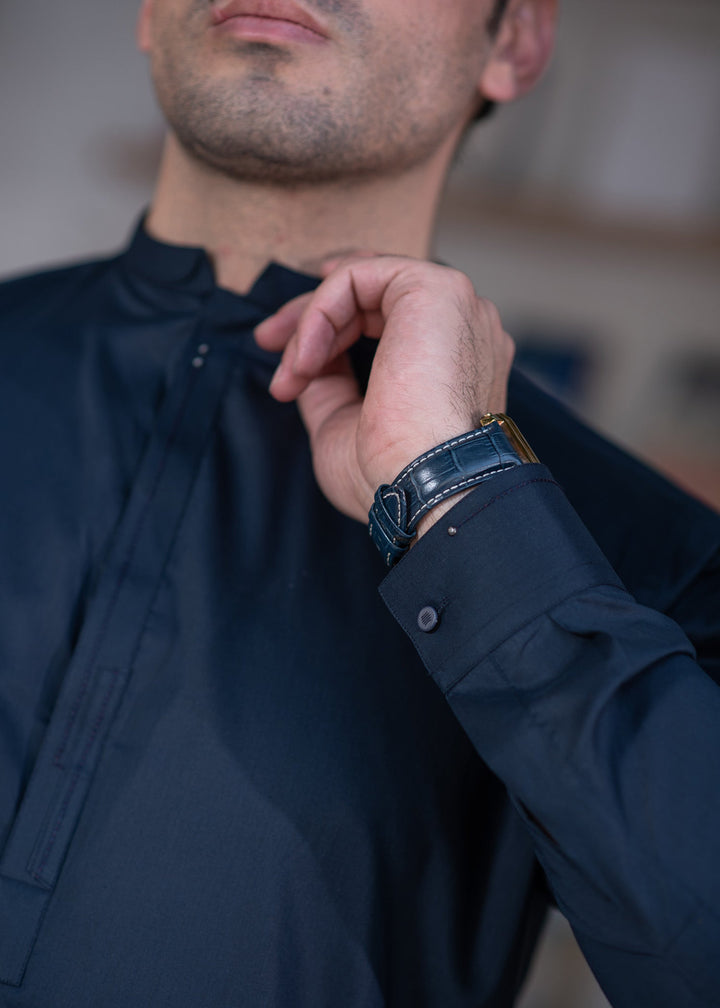 Aks e Shaam by Buraq Mens RTW Solids Cotton 2 Piece Suit Elegant Navy Blue Casual Collection