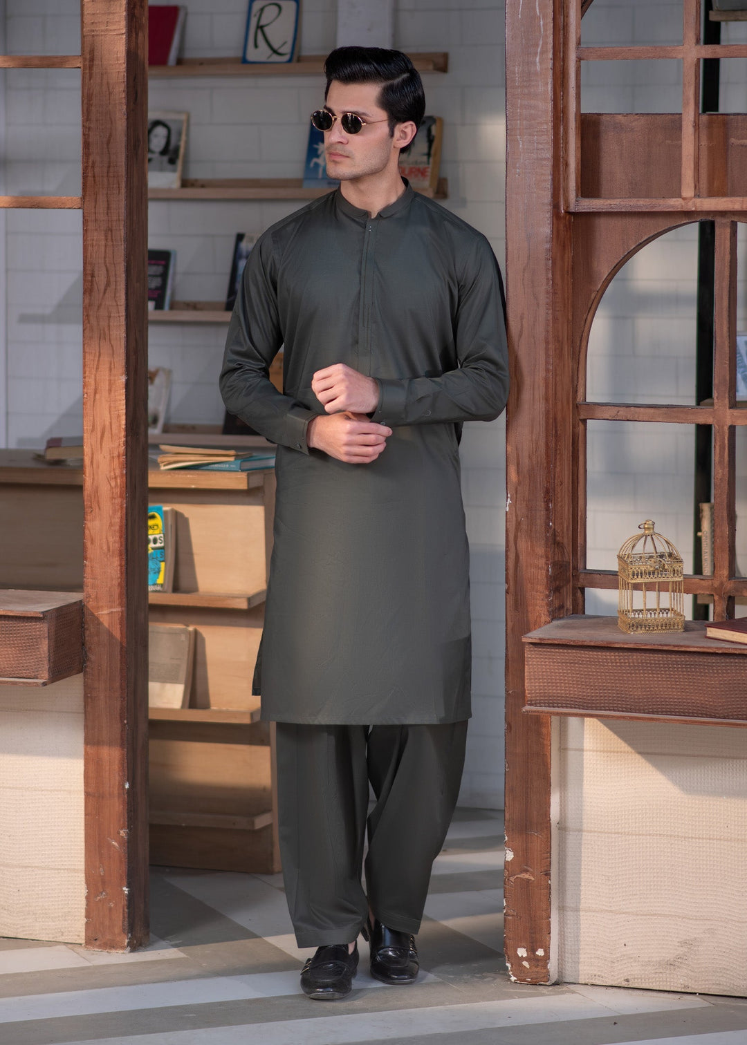 Aks e Shaam by Buraq Mens RTW Solids Cotton 2 Piece Suit Pine Green Casual Collection