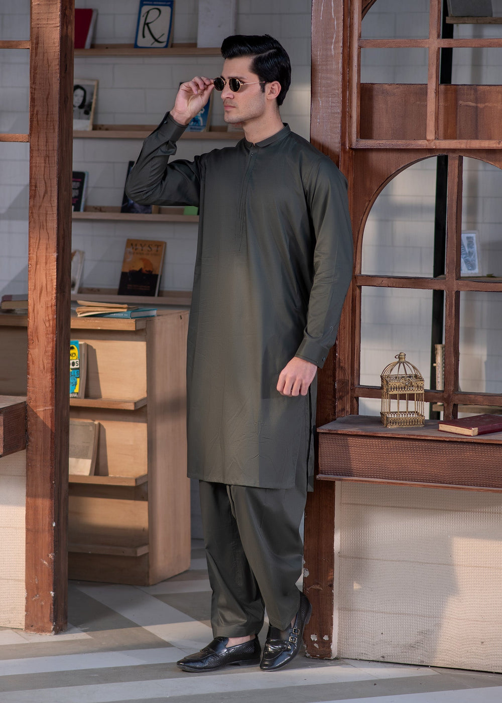 Aks e Shaam by Buraq Mens RTW Solids Cotton 2 Piece Suit Pine Green Casual Collection