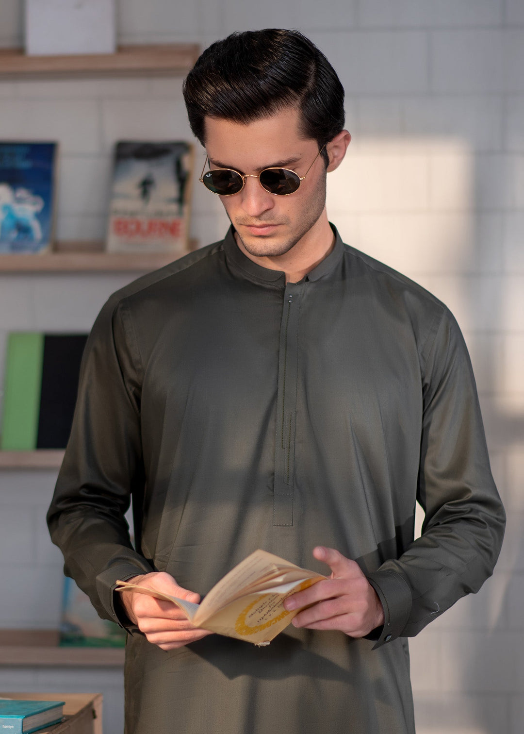 Aks e Shaam by Buraq Mens RTW Solids Cotton 2 Piece Suit Pine Green Casual Collection