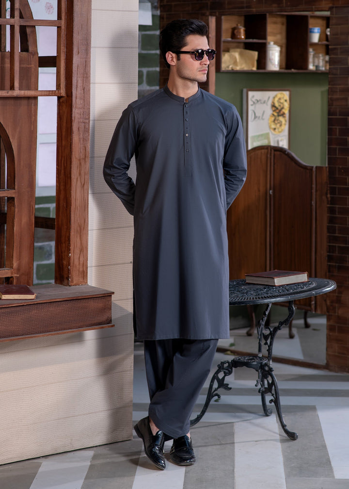 Aks e Shaam by Buraq Mens RTW Solids Cotton 2 Piece Suit Grey Casual Collection