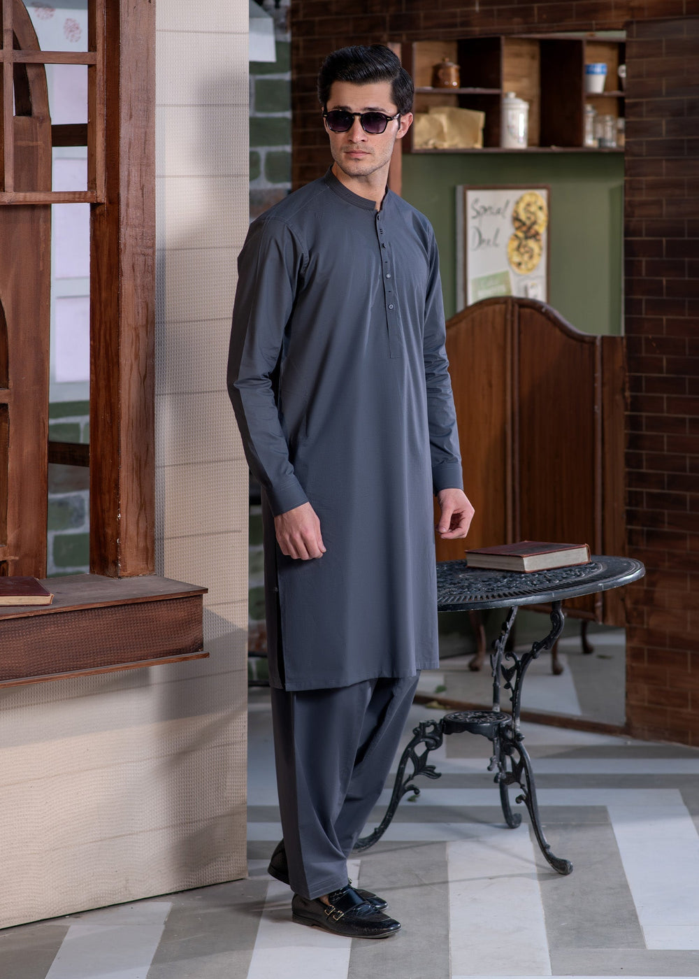 Aks e Shaam by Buraq Mens RTW Solids Cotton 2 Piece Suit Grey Casual Collection