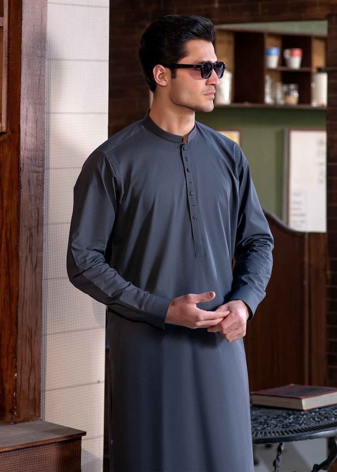 Aks e Shaam by Buraq Mens RTW Solids Cotton 2 Piece Suit Grey Casual Collection