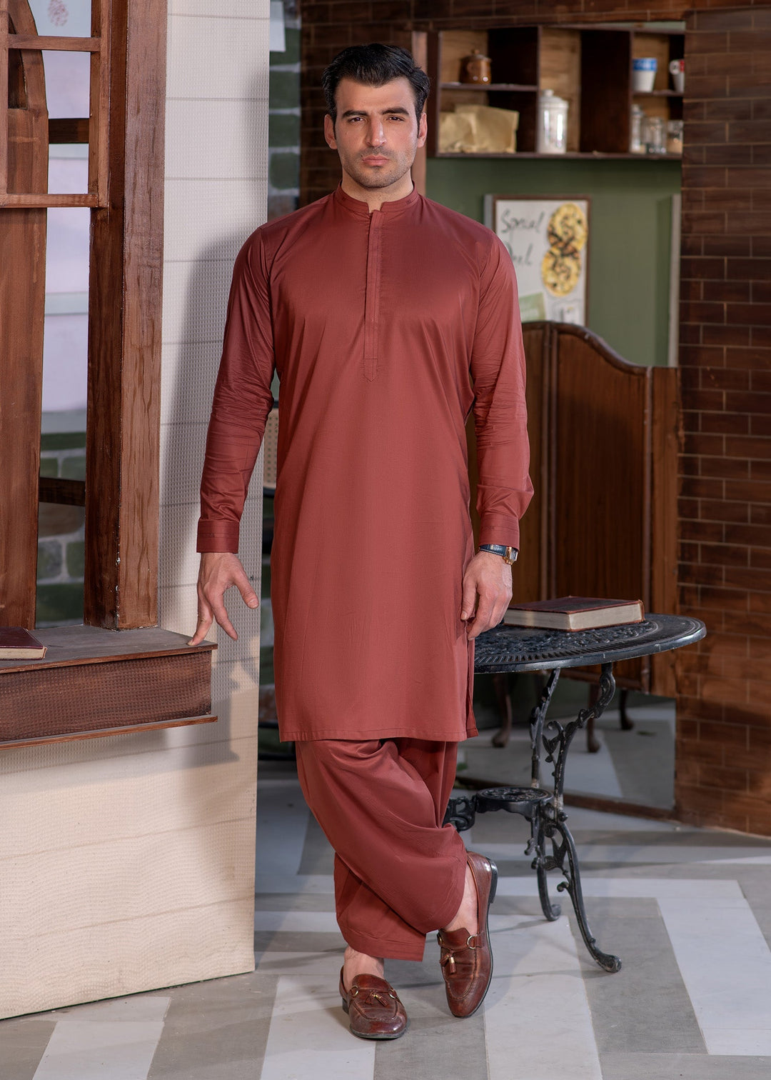 Aks e Shaam by Buraq Mens RTW Solids Cotton 2 Piece Suit Rust Casual Collection