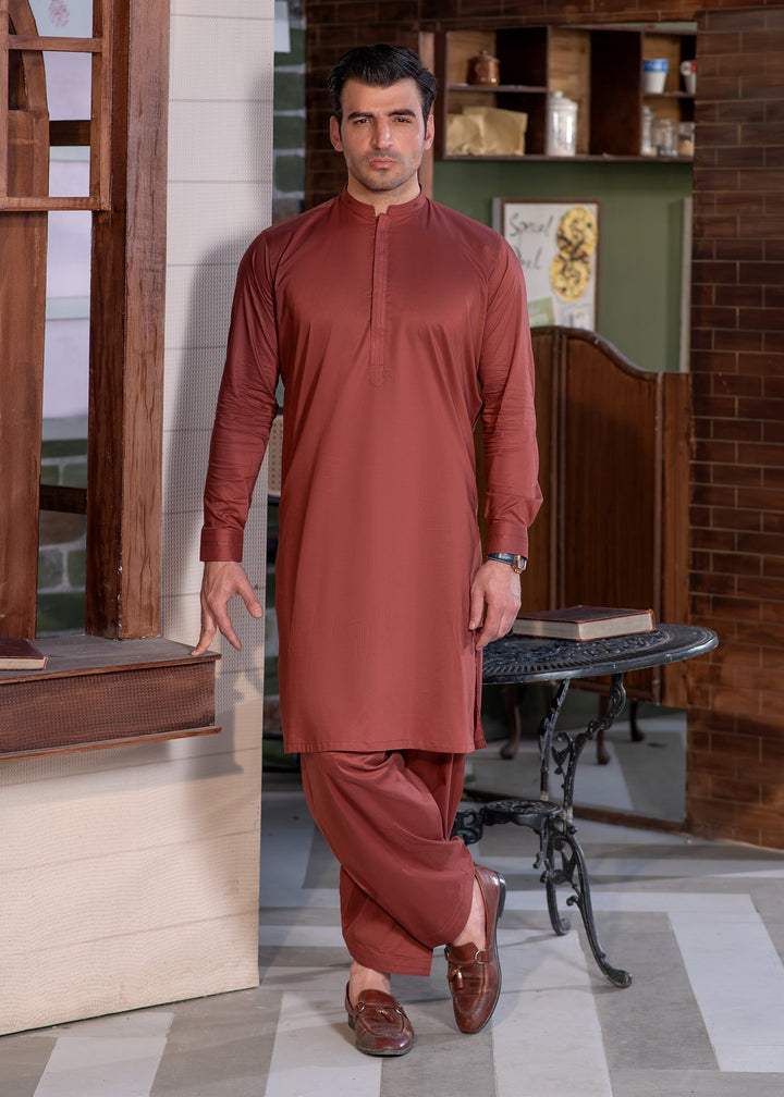 Aks e Shaam by Buraq Mens RTW Solids Cotton 2 Piece Suit Rust Casual Collection