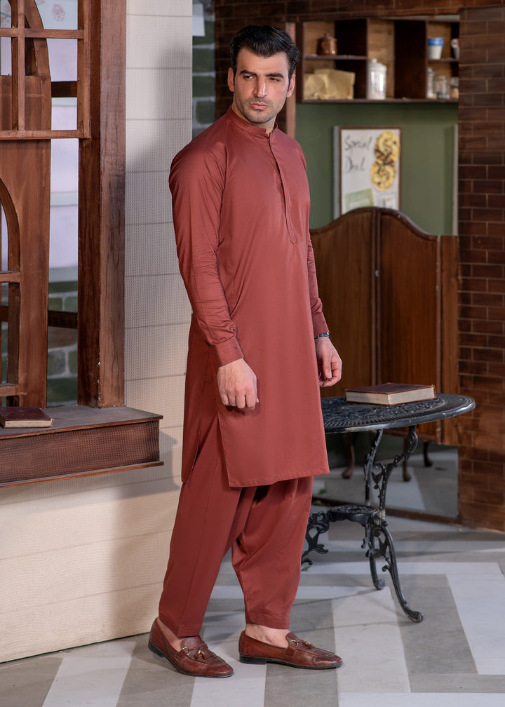 Aks e Shaam by Buraq Mens RTW Solids Cotton 2 Piece Suit Rust Casual Collection