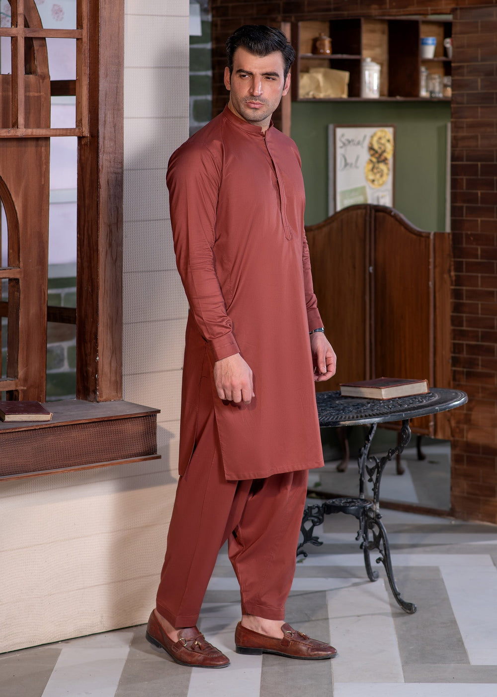 Aks e Shaam by Buraq Mens RTW Solids Cotton 2 Piece Suit Rust Casual Collection