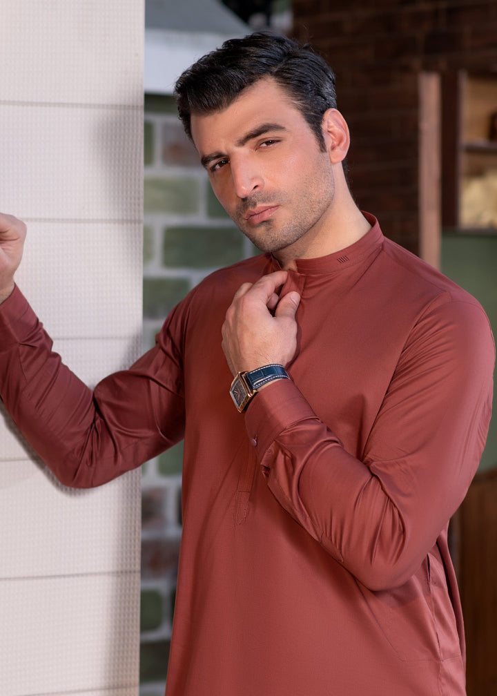Aks e Shaam by Buraq Mens RTW Solids Cotton 2 Piece Suit Rust Casual Collection