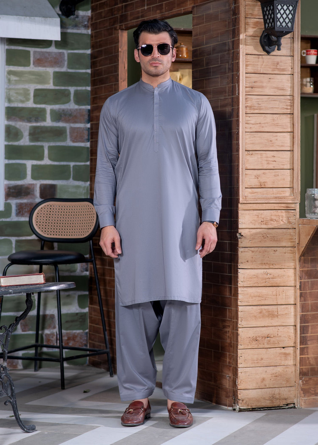 Aks e Shaam by Buraq Mens RTW Solids Cotton 2 Piece Suit Grey Mandarin Casual Collection