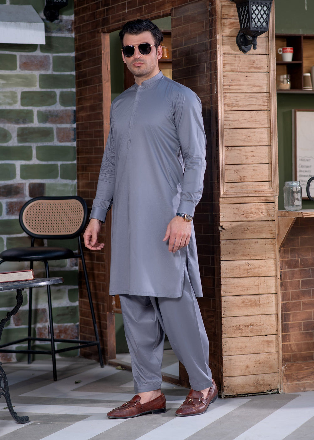 Aks e Shaam by Buraq Mens RTW Solids Cotton 2 Piece Suit Grey Mandarin Casual Collection