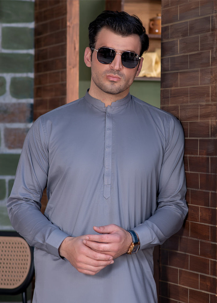 Aks e Shaam by Buraq Mens RTW Solids Cotton 2 Piece Suit Grey Mandarin Casual Collection