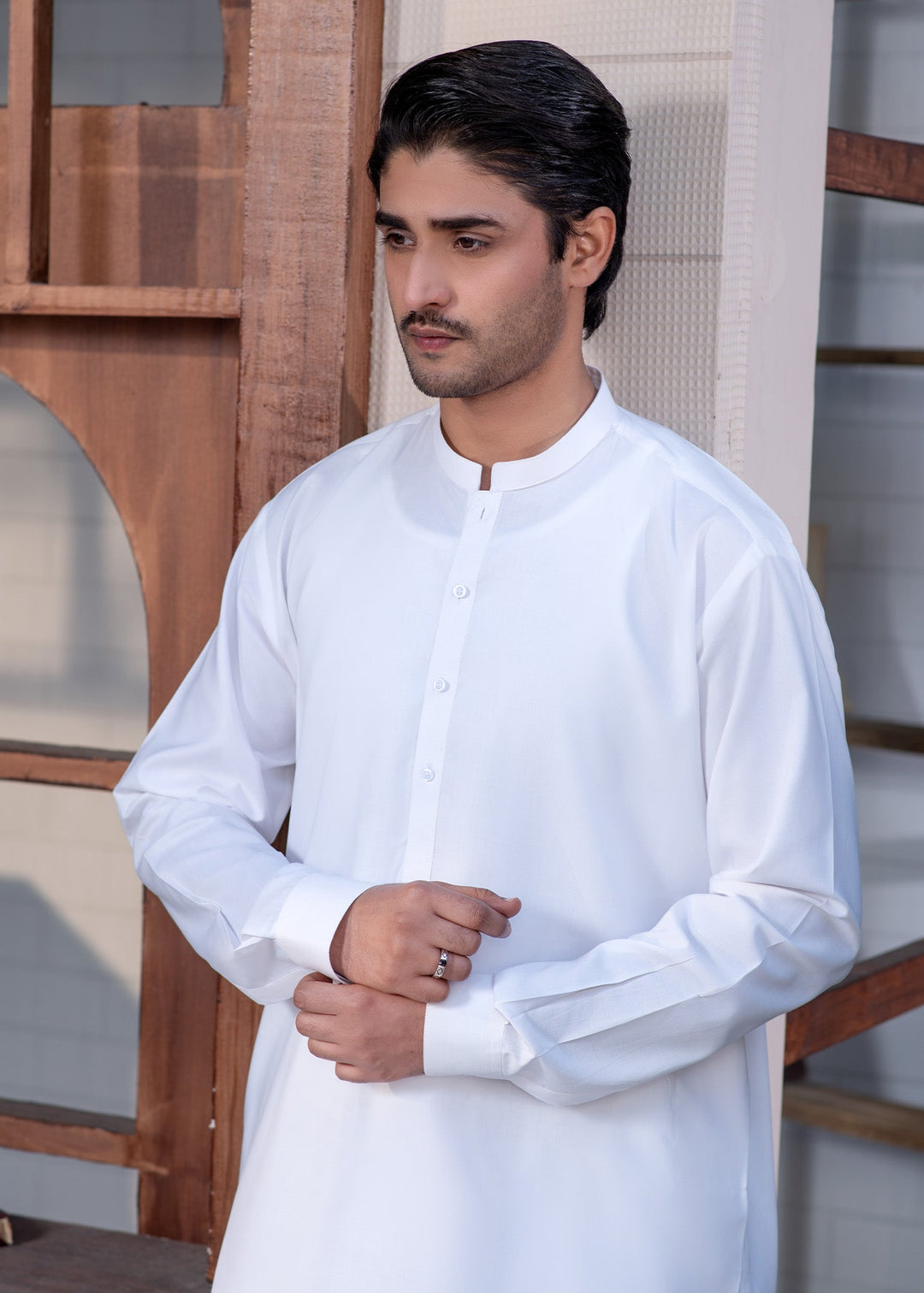 Shahkaar by Buraq Mens RTW Solids Wash N Wear 2 Piece Suit Off White Ban Casual Collection