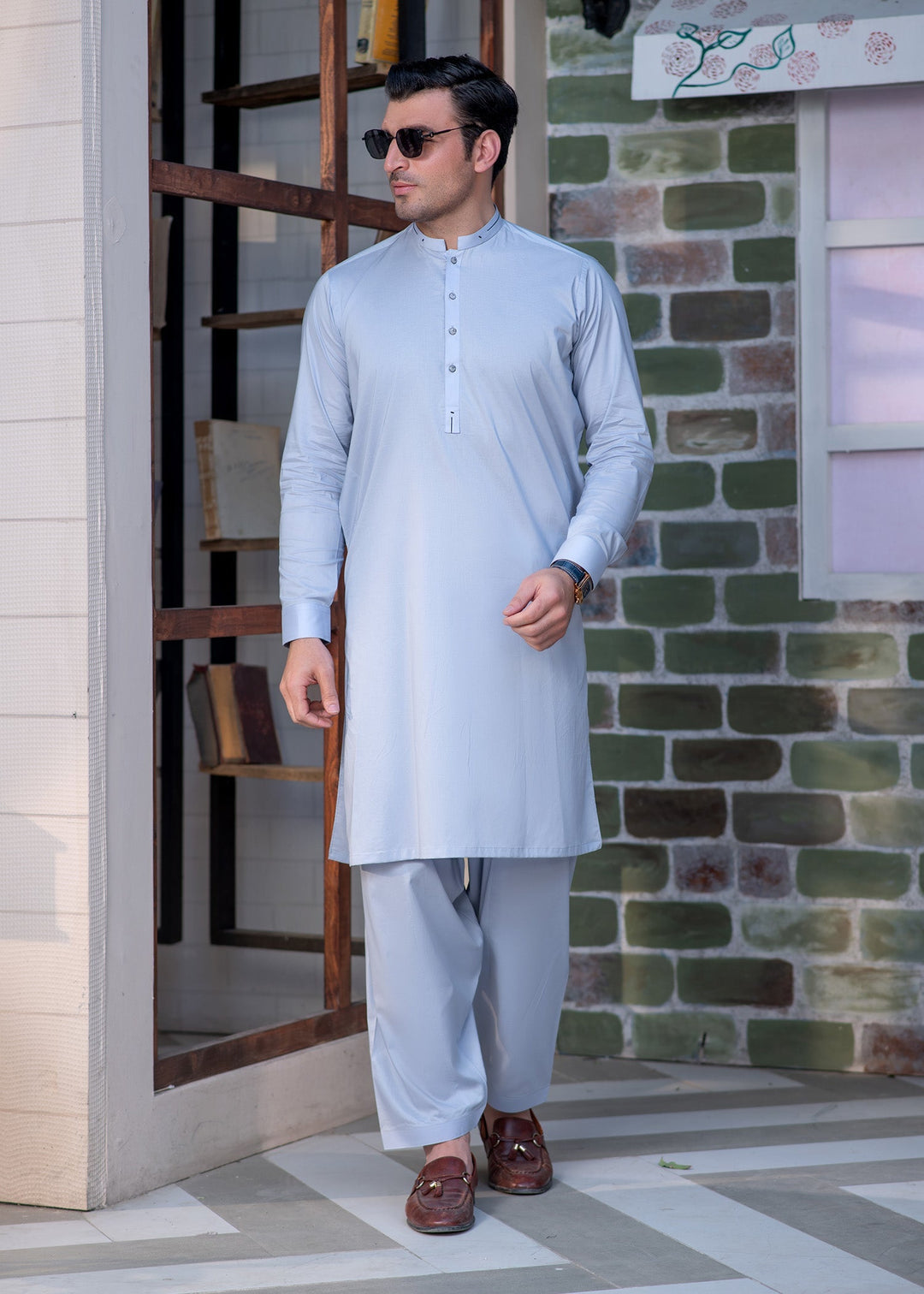 Aks e Shaam by Buraq Mens RTW Solids Cotton 2 Piece Suit Light Blue Casual Collection