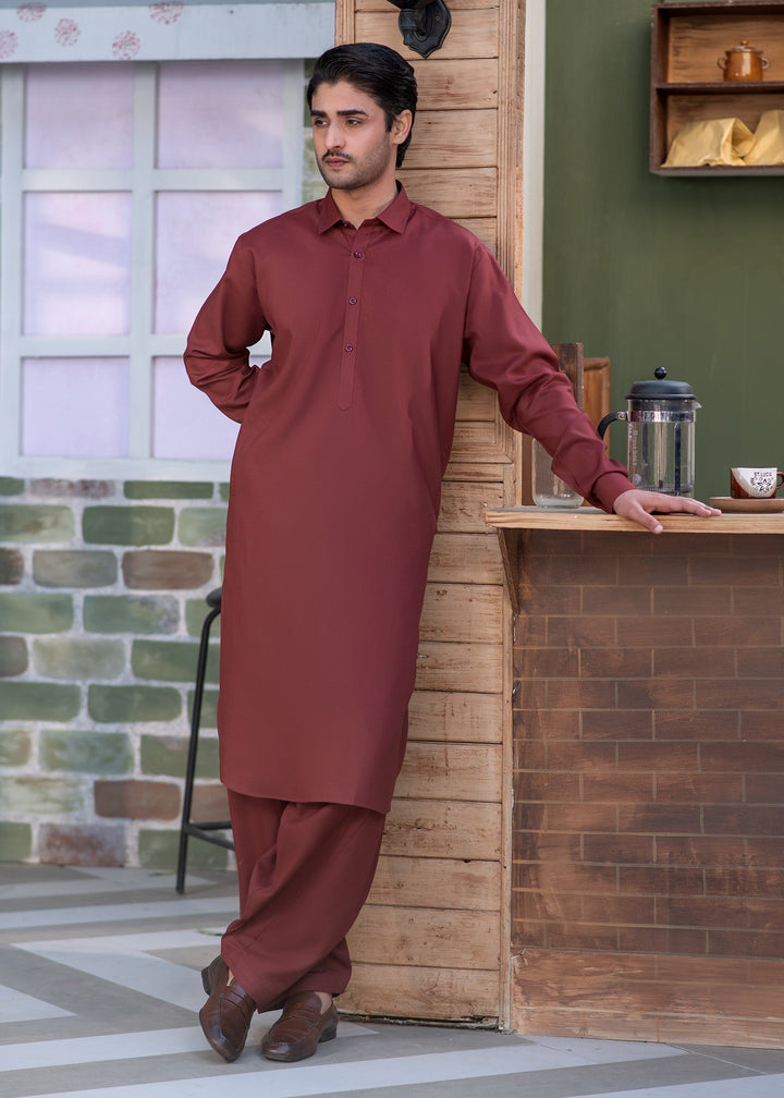 Shahkaar by Buraq Mens RTW Solids Wash N Wear 2 Piece Suit Maroon Collar Casual Collection