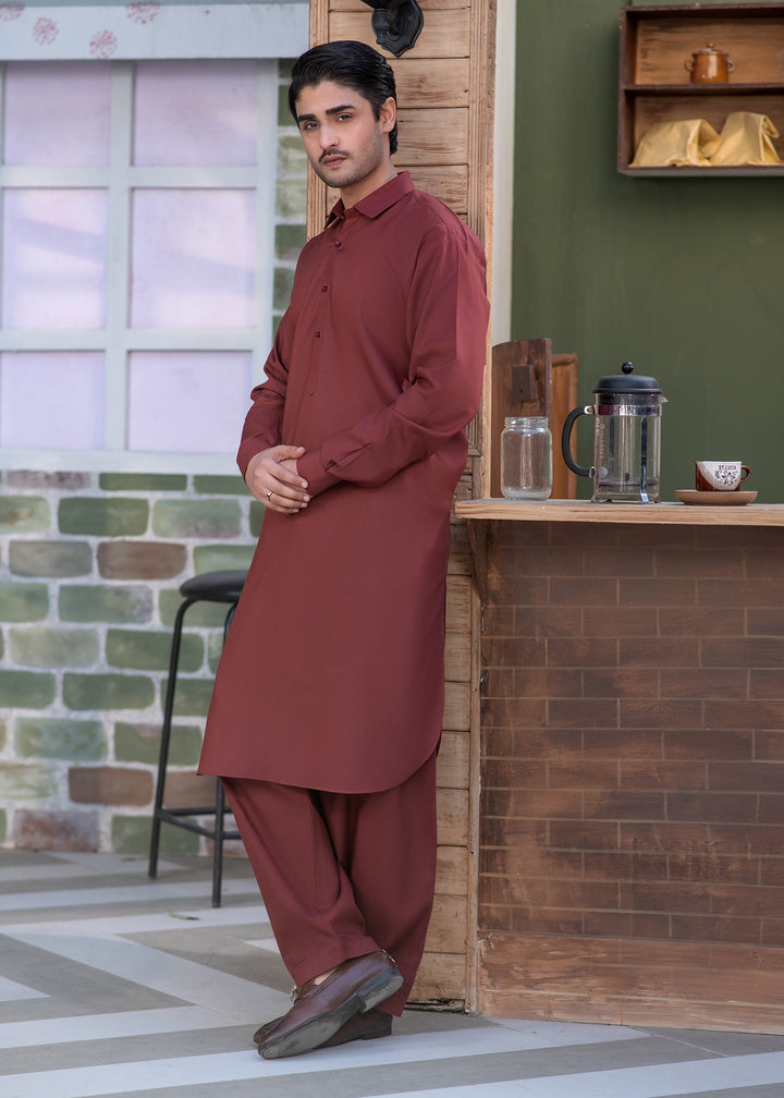 Shahkaar by Buraq Mens RTW Solids Wash N Wear 2 Piece Suit Maroon Collar Casual Collection