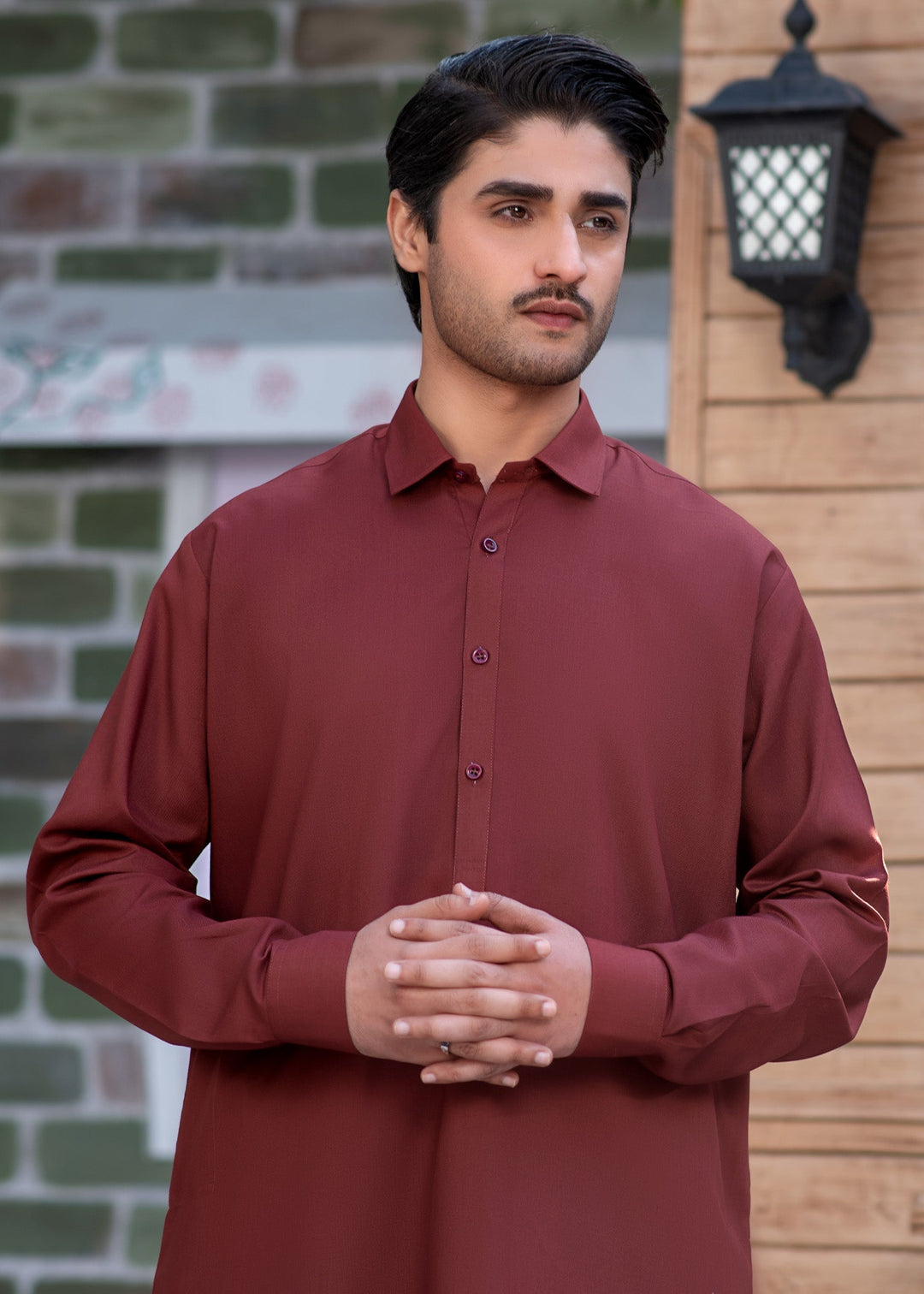 Shahkaar by Buraq Mens RTW Solids Wash N Wear 2 Piece Suit Maroon Collar Casual Collection