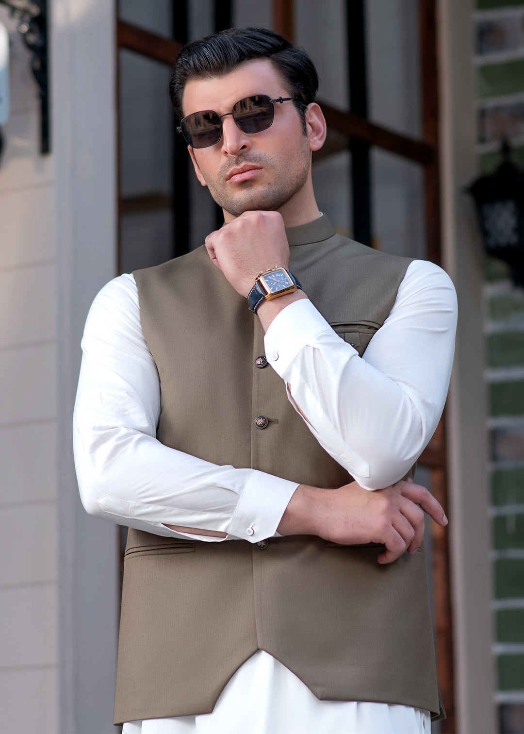Raahi by Buraq Mens RTW Solids Suiting 1 Piece Suit Premium Olive Green Waistcoat Casual Collection