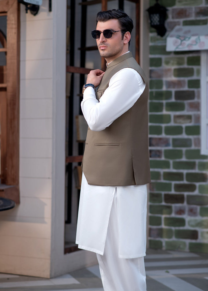Raahi by Buraq Mens RTW Solids Suiting 1 Piece Suit Premium Olive Green Waistcoat Casual Collection