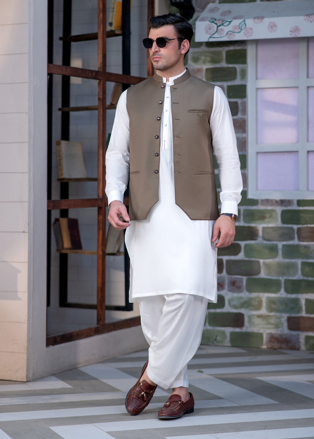Raahi by Buraq Mens RTW Solids Suiting 1 Piece Suit Premium Olive Green Waistcoat Casual Collection