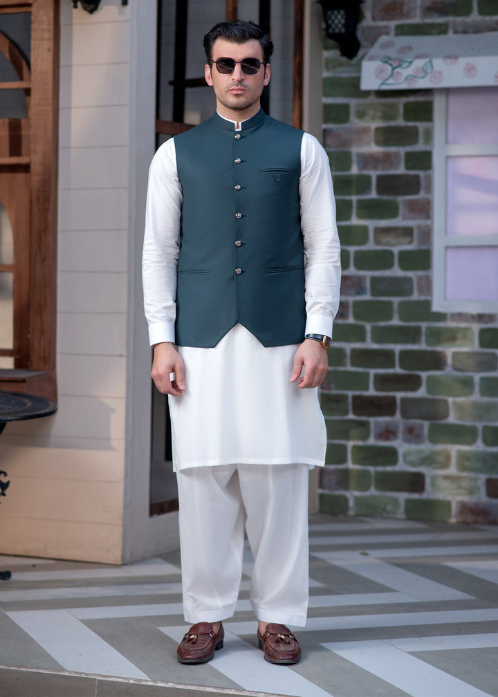 Raahi by Buraq Mens RTW Solids Suiting 1 Piece Suit Premium Teal Green Waistcoat Casual Collection