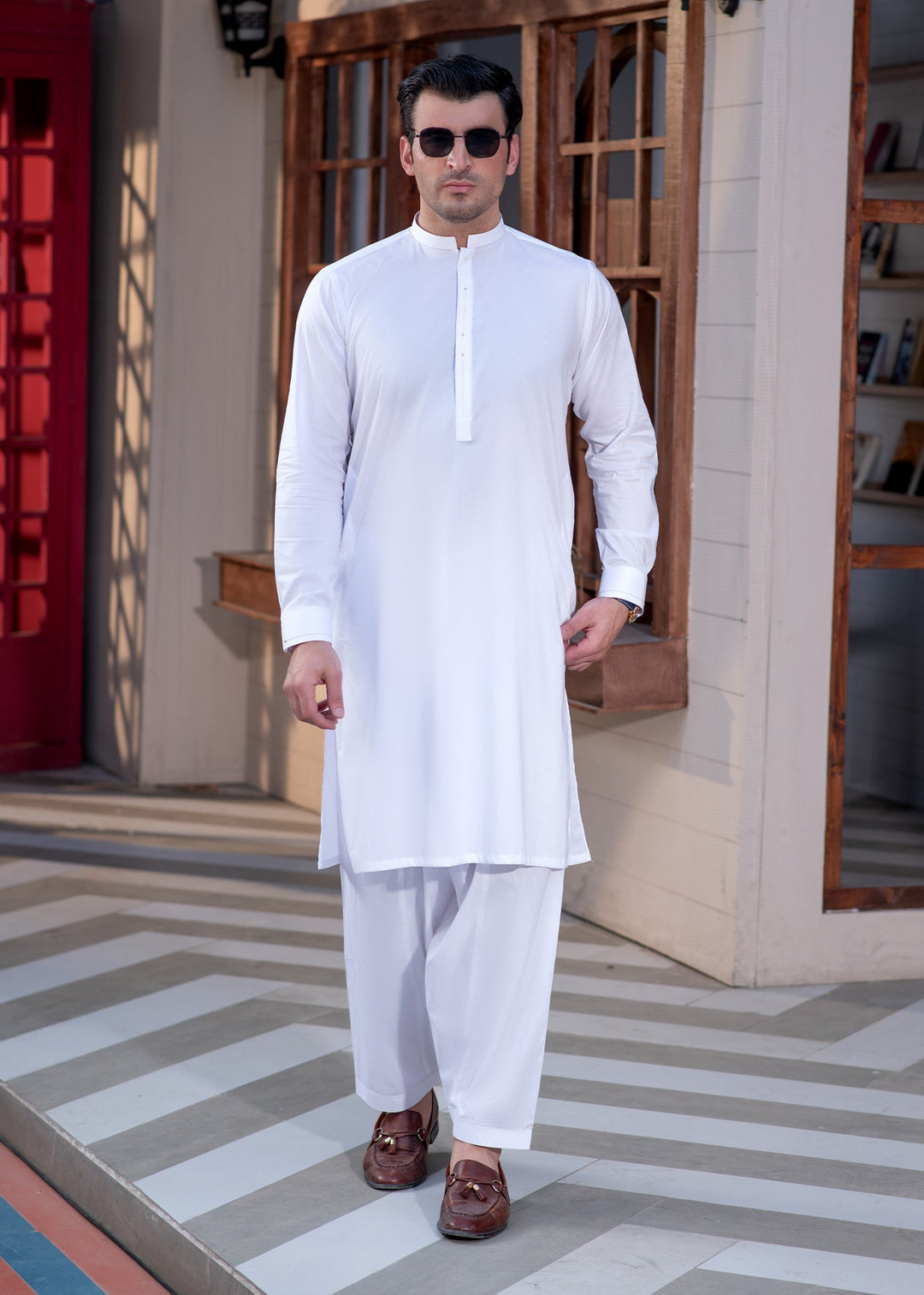 Aks e Shaam by Buraq Mens RTW Solids Cotton 2 Piece Suit White Mandarin Casual Collection