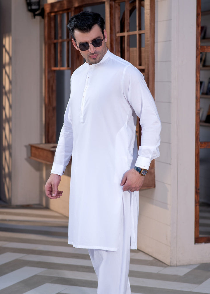 Aks e Shaam by Buraq Mens RTW Solids Cotton 2 Piece Suit White Mandarin Casual Collection