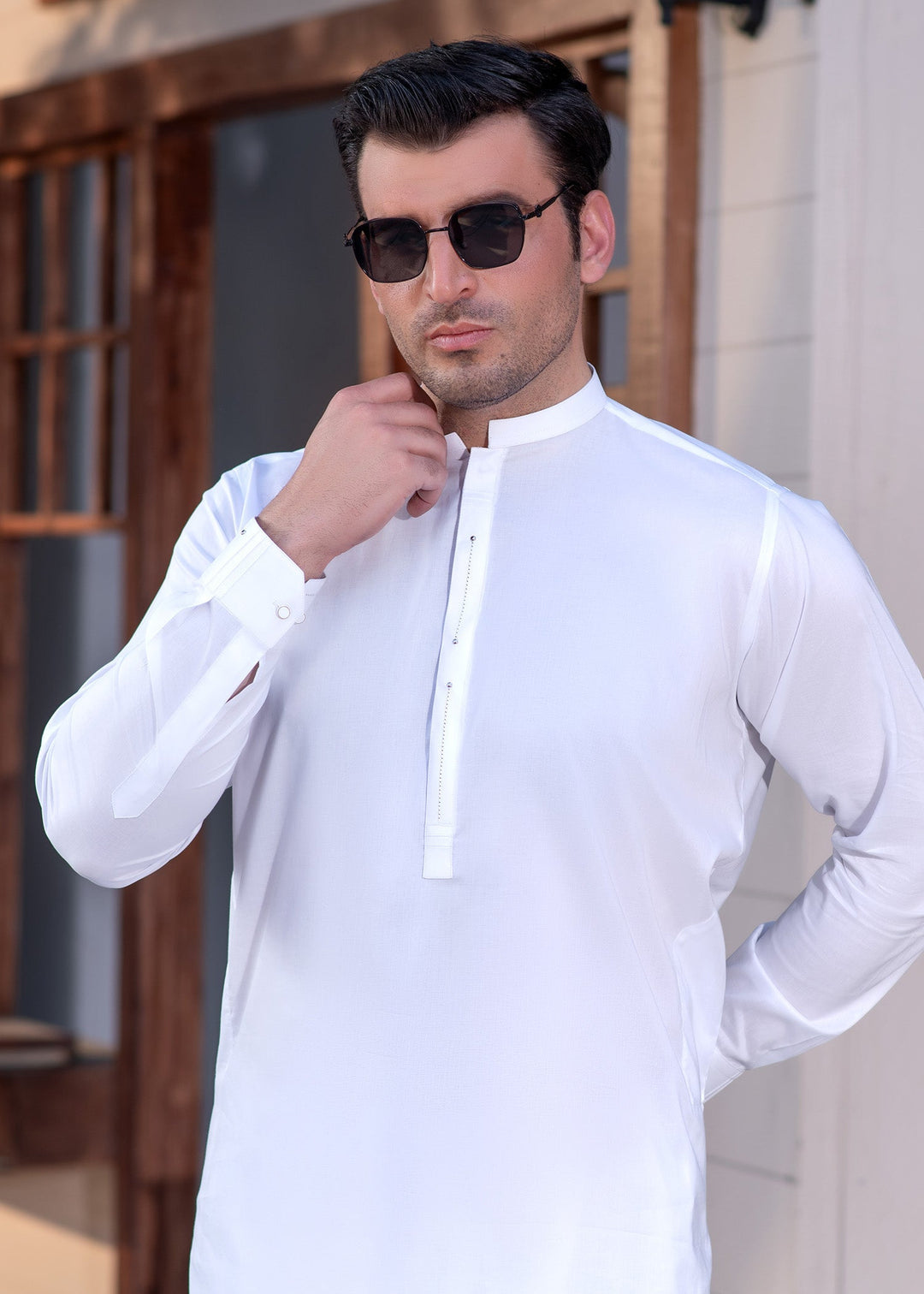 Aks e Shaam by Buraq Mens RTW Solids Cotton 2 Piece Suit White Mandarin Casual Collection